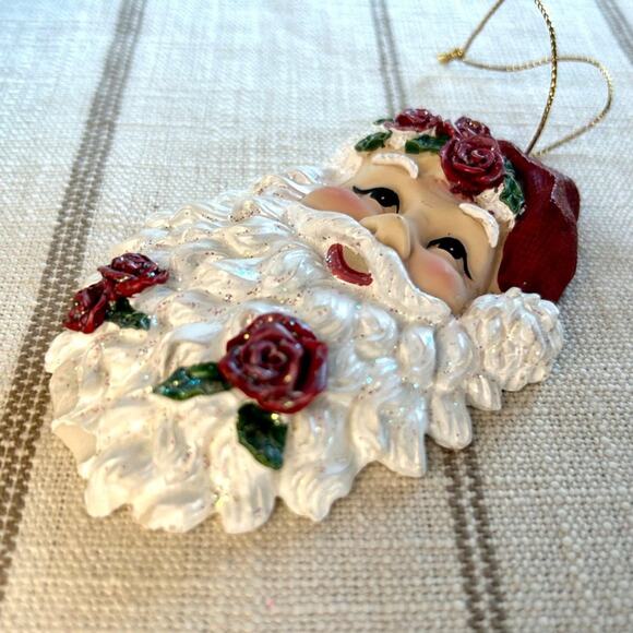 Vintage Santa Ornament with Roses in Beard, Shabby Chic Christmas Decor - Picture 3 of 12